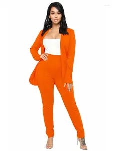 Calças femininas de duas peças blazers e conjuntos mulheres laranja brilhante 22 primavera outono moda escritório senhora magro manga longa ternos de cor sólida