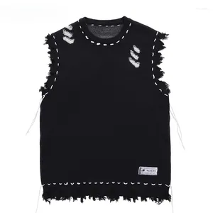 Men's Vests Harajuku Tattered Fringed Sweater Vest Women's Y2k Vintage Korean Oversized Knitted Ugly Sleeveless Aesthetic