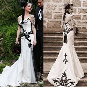 Gothic Black And White Mermaid Wedding Dress Lace Appliques Beading Corset Long Vintage Bridal Gowns Medieval Satin Bride Dresses 2024