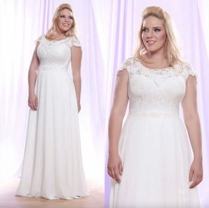 Abiti da sposa economici in pizzo taglie forti Gioiello Collo A Line Abito da sposa bohémien bianco Lunghezza pavimento Abito da spiaggia in chiffon