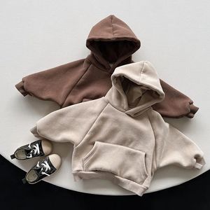 Inverno velo sólido hoodies bebê meninos casual solto bolso allmatch com capuz topo meninas simples grosso pulôver roupas de algodão 231220