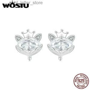 Stud WOSTU 925 Sterling Silver Mini Shiny CZ Crown Style Stud Earrings For Women Cute Fox Animal Ear Studs Girl Birthday Jewelry Gift YQ231211