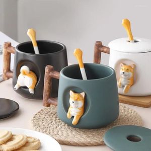 Mugs Creative Cartoon Ceramic Personality Cute Mug With Lid Spoon Household Couple Coffee Cup Dog Gift Drink