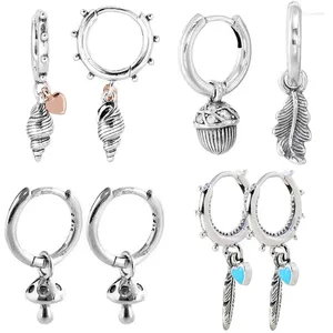 Studörhängen Original 925 Sterling Silver Summer Heart Conch Shell Spiritual Feathers Mushroom Hoop Earring For Women Diy Jewelry