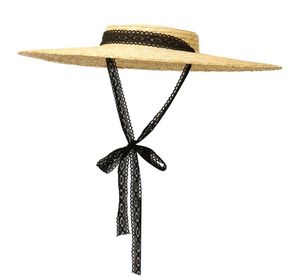 Chapéu de palha de aba grande vintage para mulheres topo plano verão praia boné raso coroa boater chapéus de sol fita gravata chapéu de vime 2206017927858