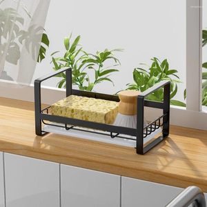 Kitchen Storage Stainless Steel Sponge Holder Sink Rag Racks Stand Cleaning Brush Soap Organizer Black Silver Rack Drain Tray