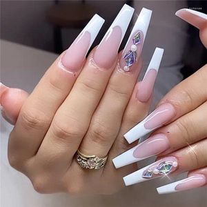 False Nails 24Pcs Crystal Long Ballet French Nail Art Fake Manicure Press On With White Edge Nude Designs Wearing Reusable