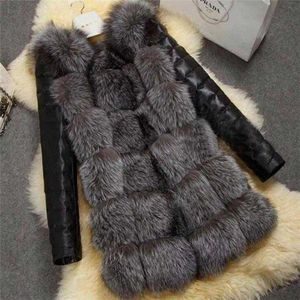 여성용 모방 모피 코트 슬림 가죽 재킷 2023 겨울 검은 긴 소매 두꺼운 따뜻한 Q231211
