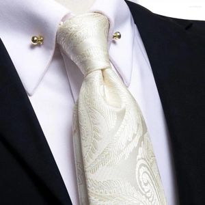 Bow Ties Hi-Tie Designer Paisley Ivory Champagne Silk Wedding Tie للرجال