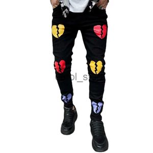 Men's Pants New Men Trend Black Jeans Fashion Street Trousers Cozy Skinny Broken Heart Printed Design Soft Denim Pants Mens Clothing J231208