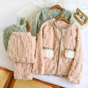 Damen-Nachtwäsche, Liebes-Pyjama für Damen, Herbst-Winter-Flanell mit Fleece, verdickt, warme Strickjacke, langärmeliger Pyjama