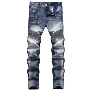 Men's Jeans Men Zippers Denim Biker Pleated Patch Patchwork Blue Cotton Pants Slim Straight Trousers