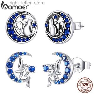 Stud Bamoer Genuine 925 Sterling Silver Blue Zircon Crescent Moon Brincos Cat on the Moon Fairy Ear Pins para Mulheres SCE880 YQ231211
