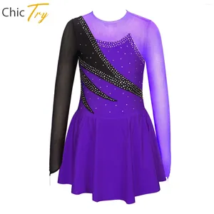 Abbigliamento da palcoscenico Vestito da pattinaggio di figura per ragazze Strass Colore a contrasto Manica lunga Balletto Ginnastica Body Tutu Costume da spettacolo per sala da ballo