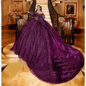 Purple Sweetheart Ball Gown Quinceanera Dress For Girls Beaded Appliques Birthday Party Gowns Prom Dresses With Sleeve Sweet 16
