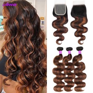 Synthetische Perücken FB 30 Brown Highlight Bundles mit Verschluss Ombred Body Wave Bundles mit Verschluss 1b 4/30 farbige menschliche Haarbündel mit Verschluss 231211