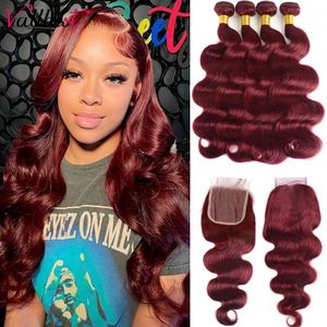Synthetic Wigs Vall 32 Inch 99J Body Wave Bundles With Closure Brazilian Wavy Burgundy Human Hair Bundles With 4x4 Lace Closure Remy Hair 231211
