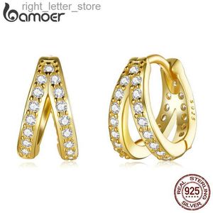 Stud Bamoer 925 Sterling Silver Classic Geometry Earrings Women Zircon Crystal Double Rings Ear Hoop örhängen 3 färger YQ231211