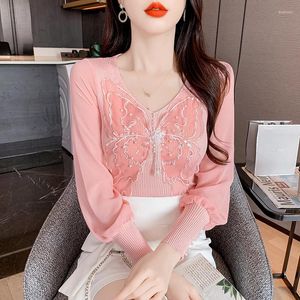 Women's T Shirts 2023 Autumn And Winter Wear Korean Heavy Industry Diamond Inlaid Small Size Slim Fit Sweet Lantern Sleeves Long Slee