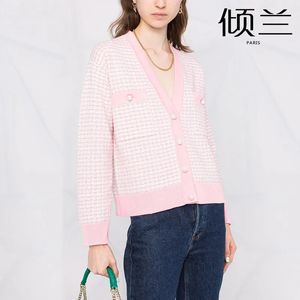 Women's Sweaters PATAD French S Family Short Coat Women's Dress Girl Pink Plaid Beaded Knitted Cardigan 0509 231211