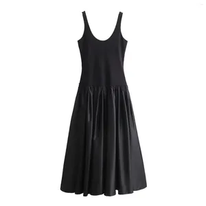 Casual Dresses o-hals Sleopeless Midi Dress of Woman 2024 Summer Wide Straps Fabric Hem Woman's Black Low Midje