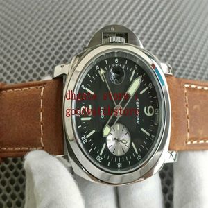 Men Limited 44mm GMT armbandsur Brown Cow Leather PAM88 Automatisk rörelse Kvalitetsklockor Band Power Savings Watch195o