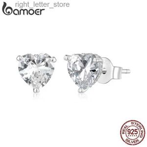 Stud Bamoer 925 Sterling Silver Sparkling Heart Zircon Stud Brincos Simples Pequenos Brincos para Mulheres Jóias Finas BSE853 YQ231211