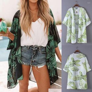 Kvinnors blusar Cardigan Top Blus Loose Shawl Chiffon Women Beach Print Outwear Leaves Kimono