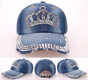 Fashion Korean Rhinestone Bling Crown Caps Adjustable Washed Denim Baseball Caps Women Cowboy Hats Fancy Summer Headwear Ladies Su7851554