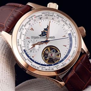 Nowy 42 mm Master Controlld World Geographic Q1522420 White Dial Automatyczna męska zegarek księżyc faza Tourbillon Rose Gold Case Skórzanie Str2155