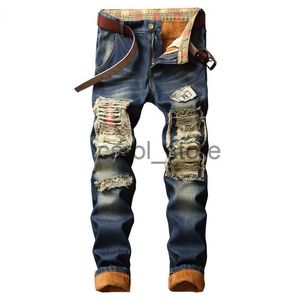 Erkekler Pantolon Erkekler Kış Sıcak Polar İnce düz yırtık kot kot pantolon artı boyutu kalın patchwork uzun pantolon j231208