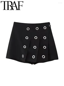 Frauen Shorts Y2K Asymmetrische Schwarze Frauen Röcke Plissee Ösen Zipper Hohe Taille Skorts Weibliche Kurze Hosen 2023 Herbst