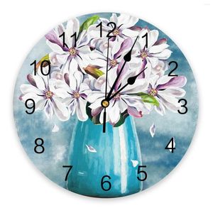 Wall Clocks Oil Painting Texture Magnolia Flower Vase Silent Home Cafe Office Decor For Kitchen Large