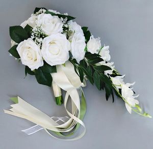 Waterfall Silk Rose Wedding Wedding Bouquet for Druhny Bukiety ślubne Białe sztuczne kwiaty Małżerskie zaopatrzenie w dekorację 4824374