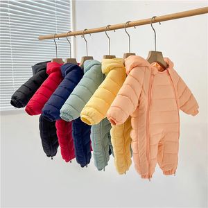 Rompers Winter Born Onepiece Suit Down Jacket Girls Hooded Long Sleeved Romper Boys Toddler Plush Padded Crawling Clothes 231211