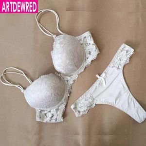 Sexy Set ARTDEWRED Lace Embroidery Flowers Plus Size Double Shoulder Strap Bra Deep V neck Women s Push up Underwear Sets 231211