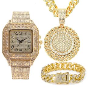 Ketten 3 Stück Iced Out Halskette Armband Uhren Strass 13 mm Miami Cuban Pandents Bling Gold Uhr für Männer Schmuck Set1574949