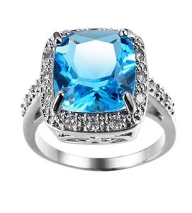 Luckyshien Sky Blue Topaz Creży Square Pierścienie Kwadratowe Biżuteria 925 Srebrne pierścionki ślubne dla kobiety cyrkon5486919