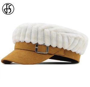 BERETS FS 2021 Luxury Sboy Hatts for Women Elegant Brown White Winter Cap British Retro Plush Striped Military Hat Beret Femme3870830