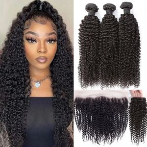 Synthetic Wigs Indian Kinky Curly Bundles With Closure 13x4 Lace Frontal With Bundles Human Hair Bundles With Frontal Closure Virgin Hair 231211