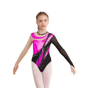 Stage Wear Girls Gymnastics Ballet Dance Jumpsuit Bodysuit Dane Competition Costumes Long Sleeve Shiny Tutu Figure Skating Costume