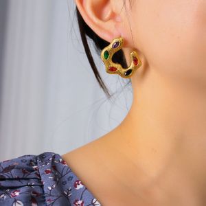 18K gold stainless steel earrings and earrings for women INS style big brand with exaggerated hammer pattern inlaid with zircon C-shaped earrings