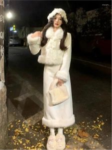 Work Dresses White Faux Fur Collar Women Elegant Warm Coats Mini Skirts 2 Piece Set Korean Fashion Slim Y2k Sleeve Suit Lady Sweet