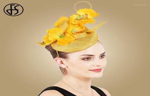 FS Yellow Fascinator Hats Wedding Women Elegant Ladies White Bridal Headwear Chapeau Femme Mariage13678459