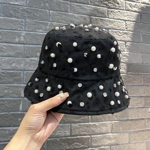 Berets Moovook moda bolinhas strass pérola balde chapéu 2023 design à prova de sol versátil casual aba larga