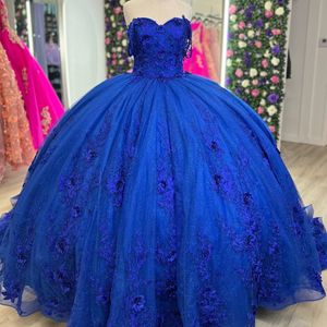 Mexico Blue Shiny Off the Shoulder Ball Gown Quinceanera Dress for Girl Pärled 3Dflowers Födelsedagsfestklänningar Promklänningar Sweet 16