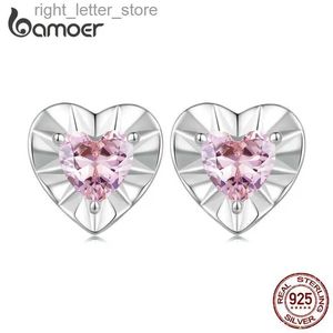 Orecchini a bottone Bamoer in argento sterling 925 lucido a forma di cuore Orecchini con zirconi rosa per le donne Regalo di San Valentino Gioielleria raffinata YQ231211