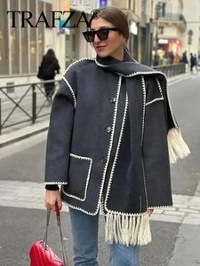 Kadın Yün Karışımları Trafza Kadın Moda Yün Kat Patchwork Tassel Paltolar Azma Uzun Kollu Cep Tek Göğüslü Ceket Kış Dış Giyim 231211