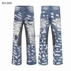 Calças masculinas desgastadas remendo jeans de couro masculino desgastado buraco bordado alto elástico 3d zíper interno branqueado slim fit perna reta bolso 2 j231208