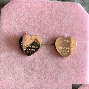 Stud Cute Simple Girls Original Branded Polished Heart Tf Oorbellen 18K Gold Sier Rose Women Love Engrave Earrings Friendship Gift J Otbqv